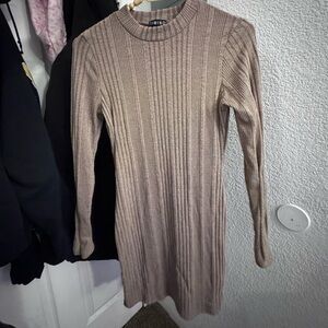Timing Long Sleeve Ribbed Knit Dress in Beige